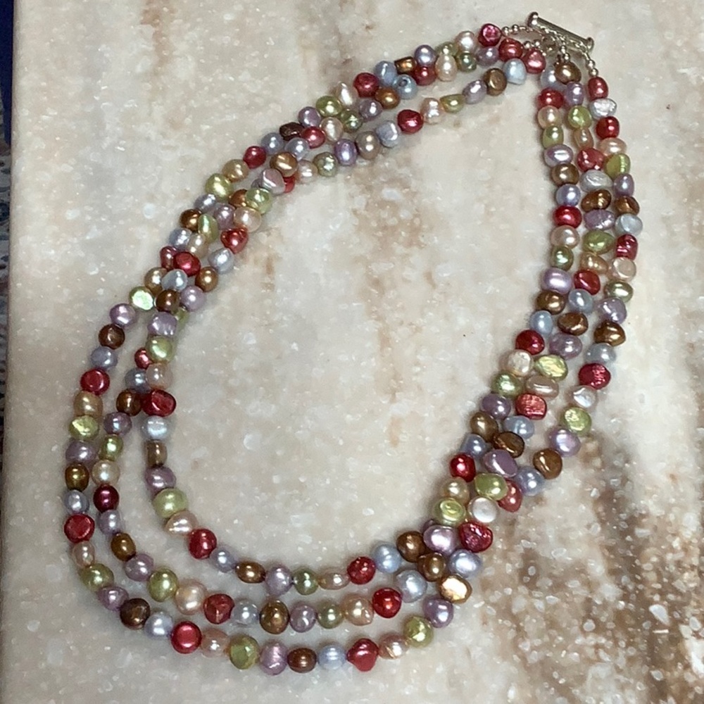 😍925 Silver Multi-Colored Pearl Bead Three Strand Necklace😍NWOT